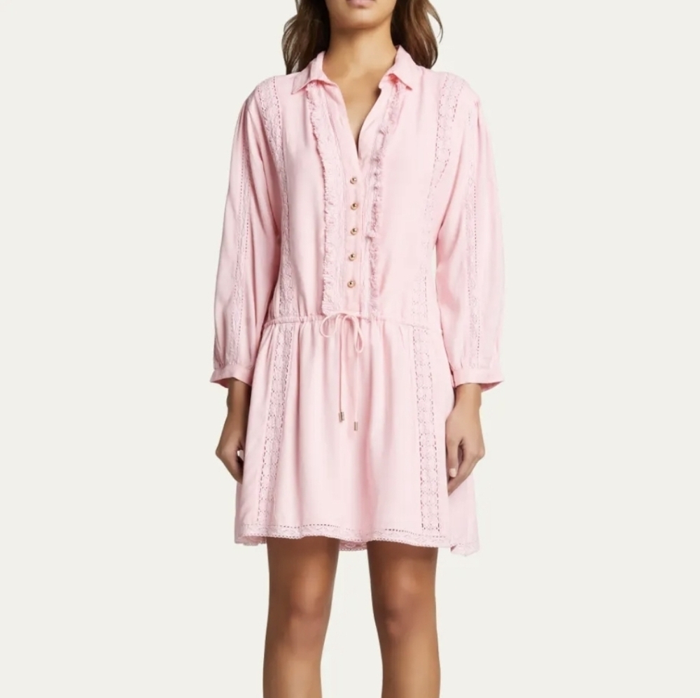 Melissa Odabash Coverup Dress Women's‎ Size L Pink Lace Trim Button Drawstring